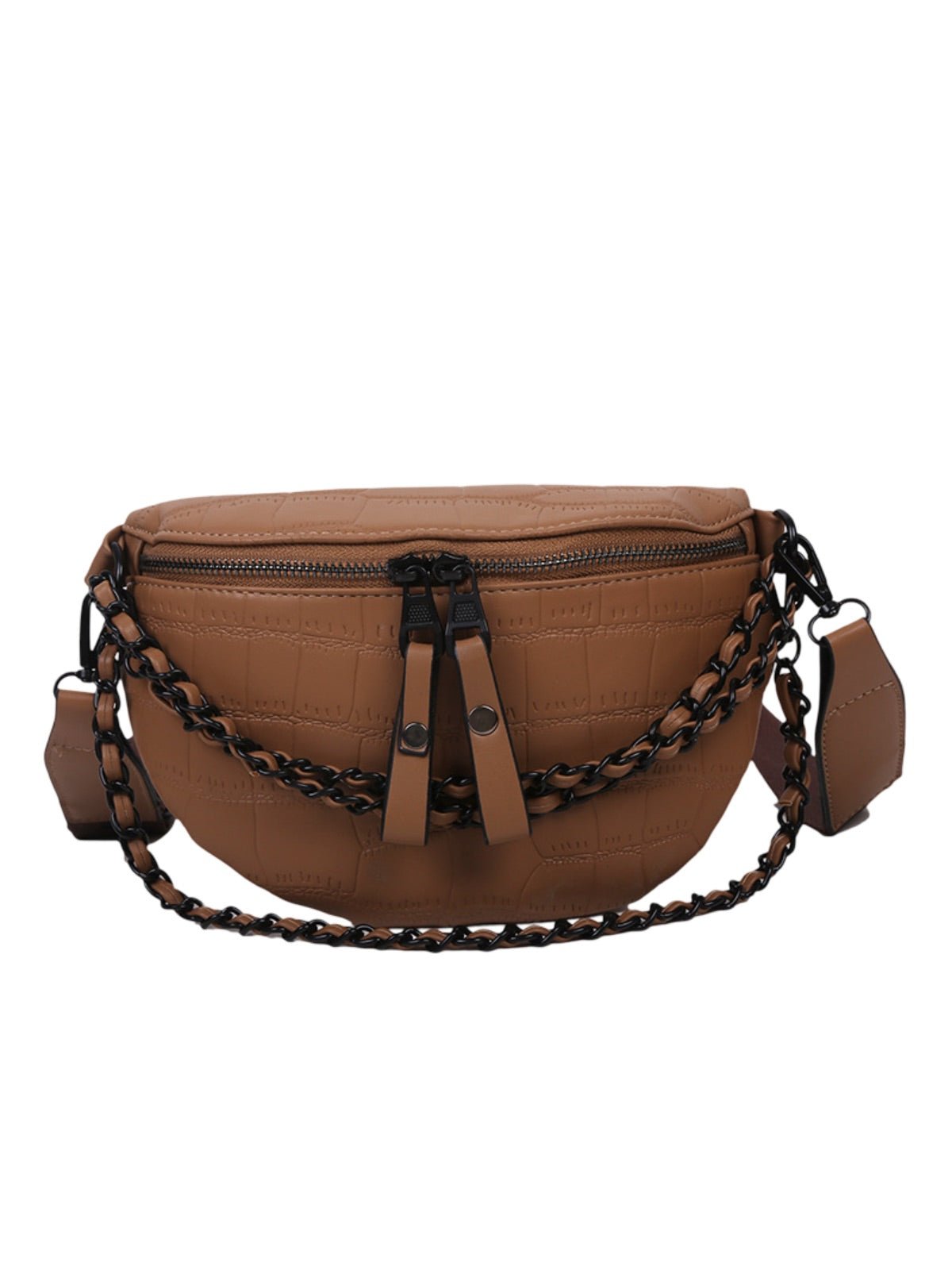 Sacoche femme croco, sac ceinture chaîne noire, sac à bandoulière large, sac imperméable tendance, sac rigide compact, modèle Laurette - Sacoche - Camel