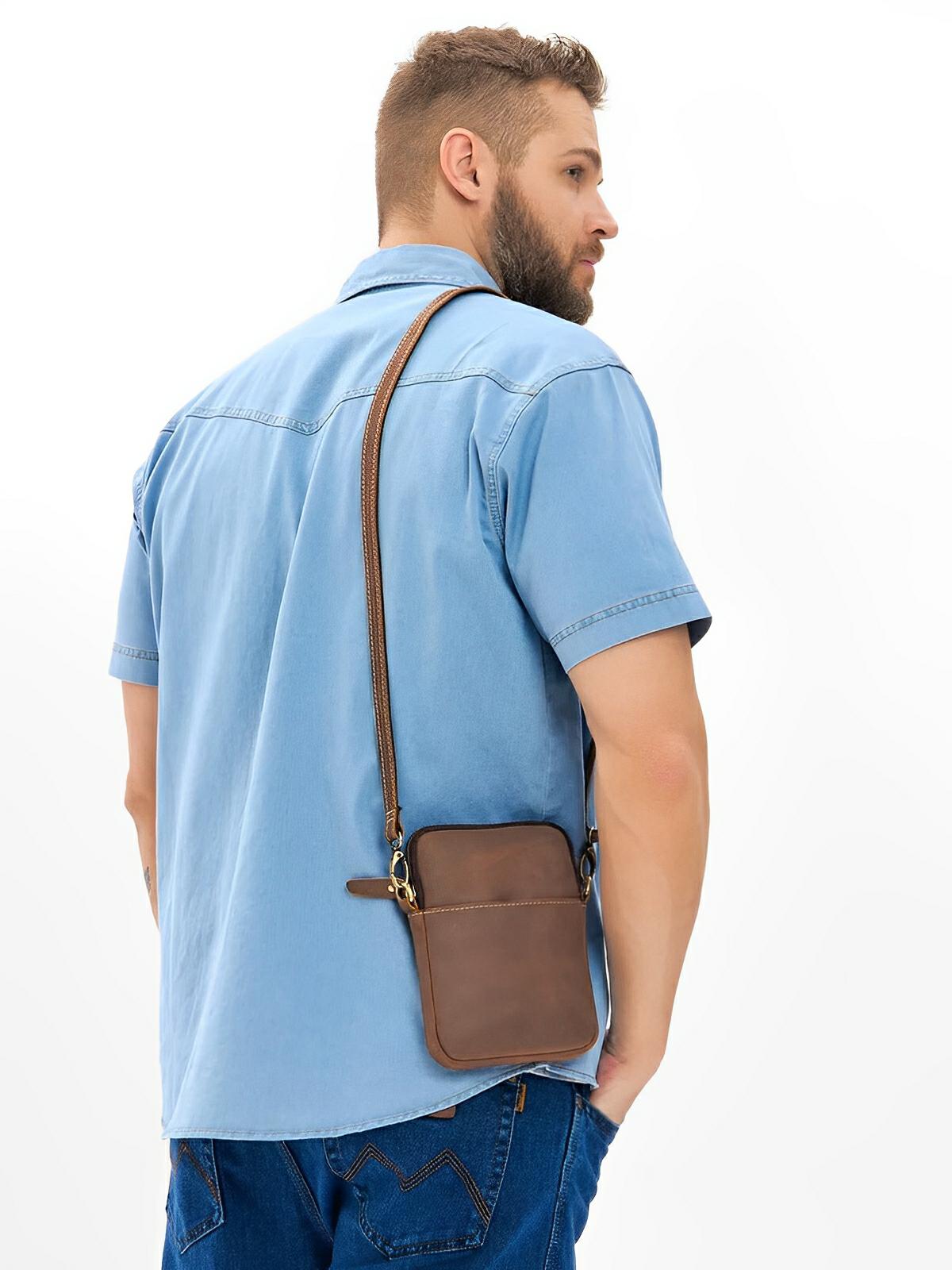 Sacoche plate en cuir homme, format pochette minimaliste, modèle Orphé - Sacoche - Marron