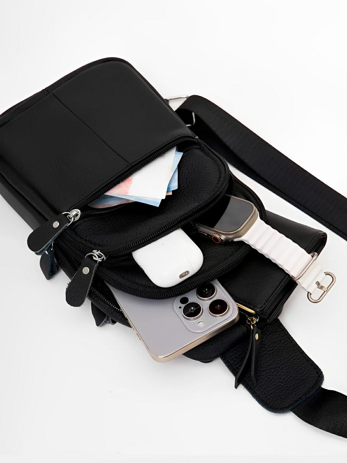 Sacoche pour homme en cuir pleine fleur, compact et pratique, design urbain, grande capacité, idéal quotidien et voyage, modèle Yanis - Sacoche - Noir