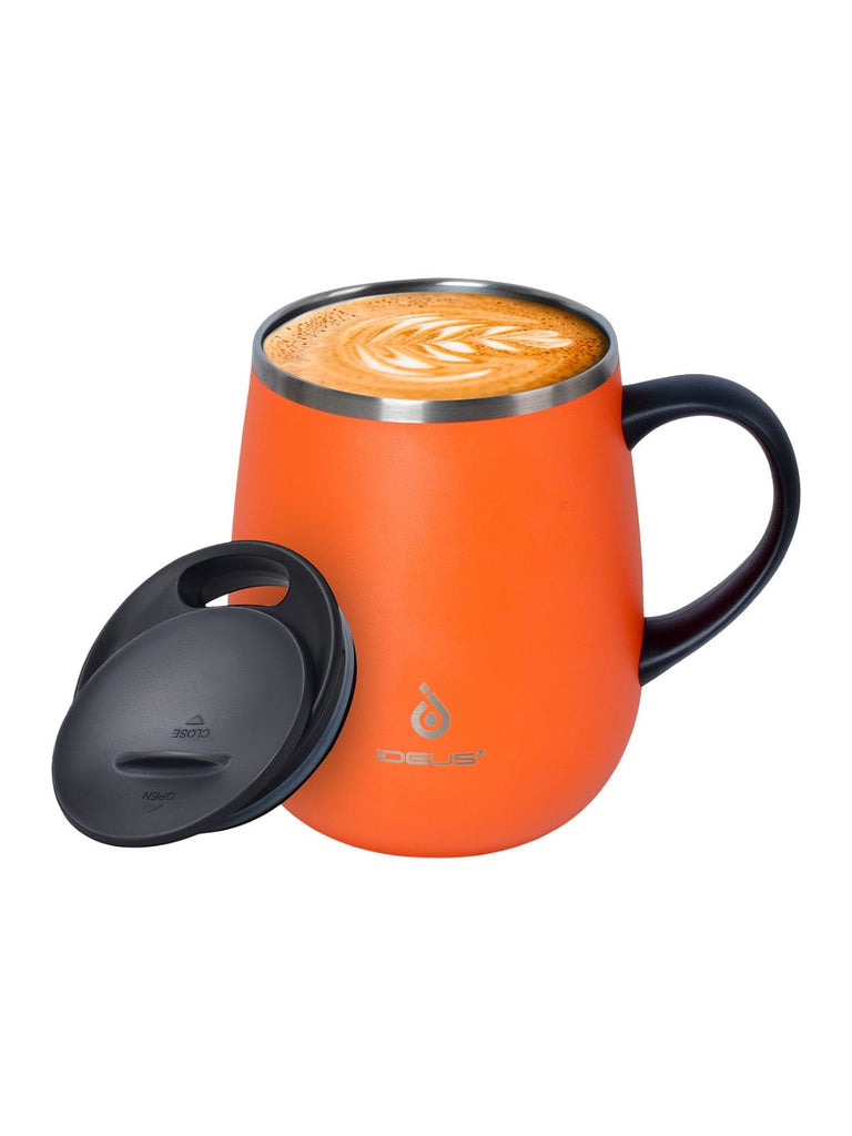 Tasse isotherme gamme IDEUS, mug inox double paroi, 470 ml, couvercle étanche, conservation chaud froid, anse ergonomique, sans BPA, design nordique, usage bureau ou voyage, modèle Aker - Gourde et Thermos - Orange