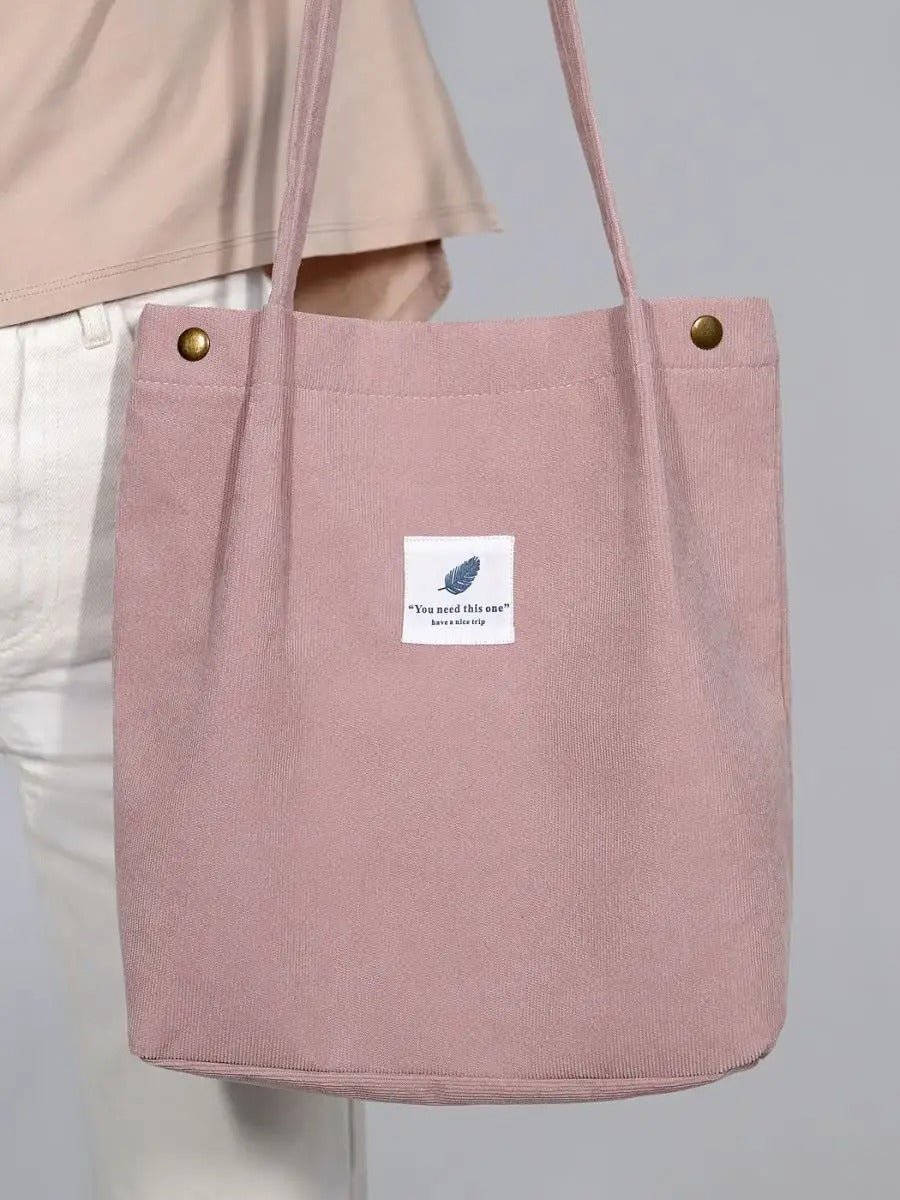Tote - bag en velours côtelé, sac épaule femme, cabas léger, sac shopper A4, sac mode décontractée, modèle Leya - Tote - bag - Rose