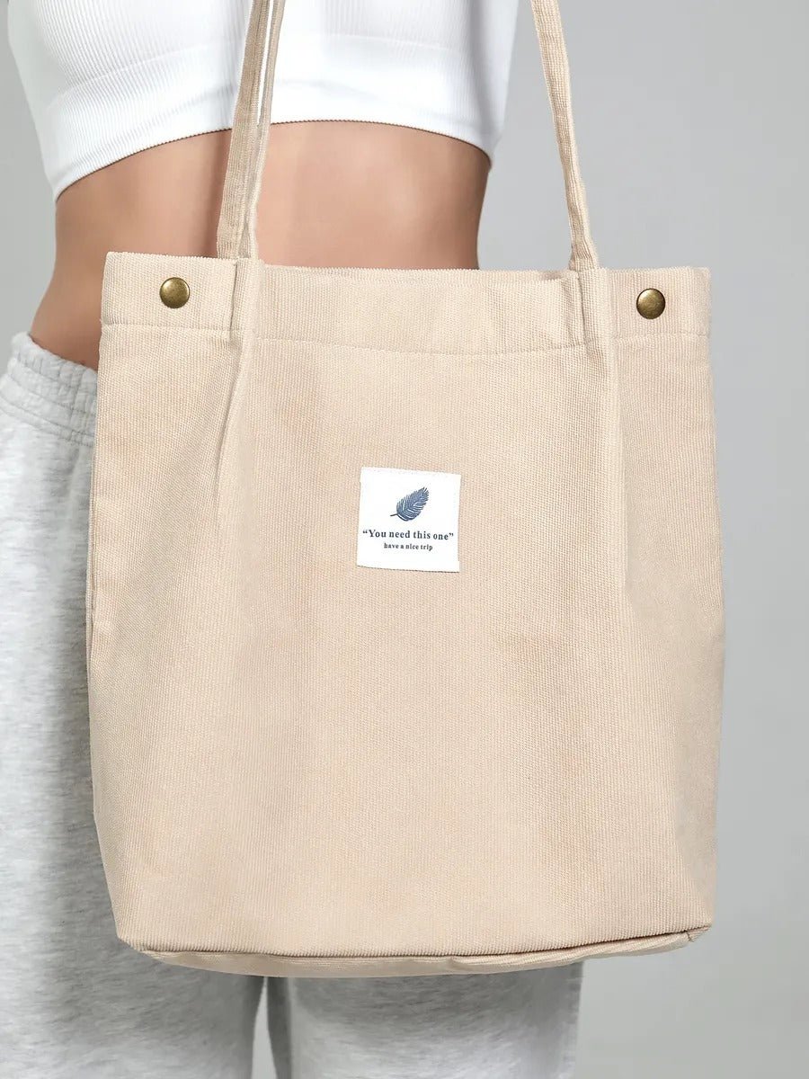 Tote - bag en velours côtelé, sac épaule femme, cabas léger, sac shopper A4, sac mode décontractée, modèle Leya - Tote - bag - Beige