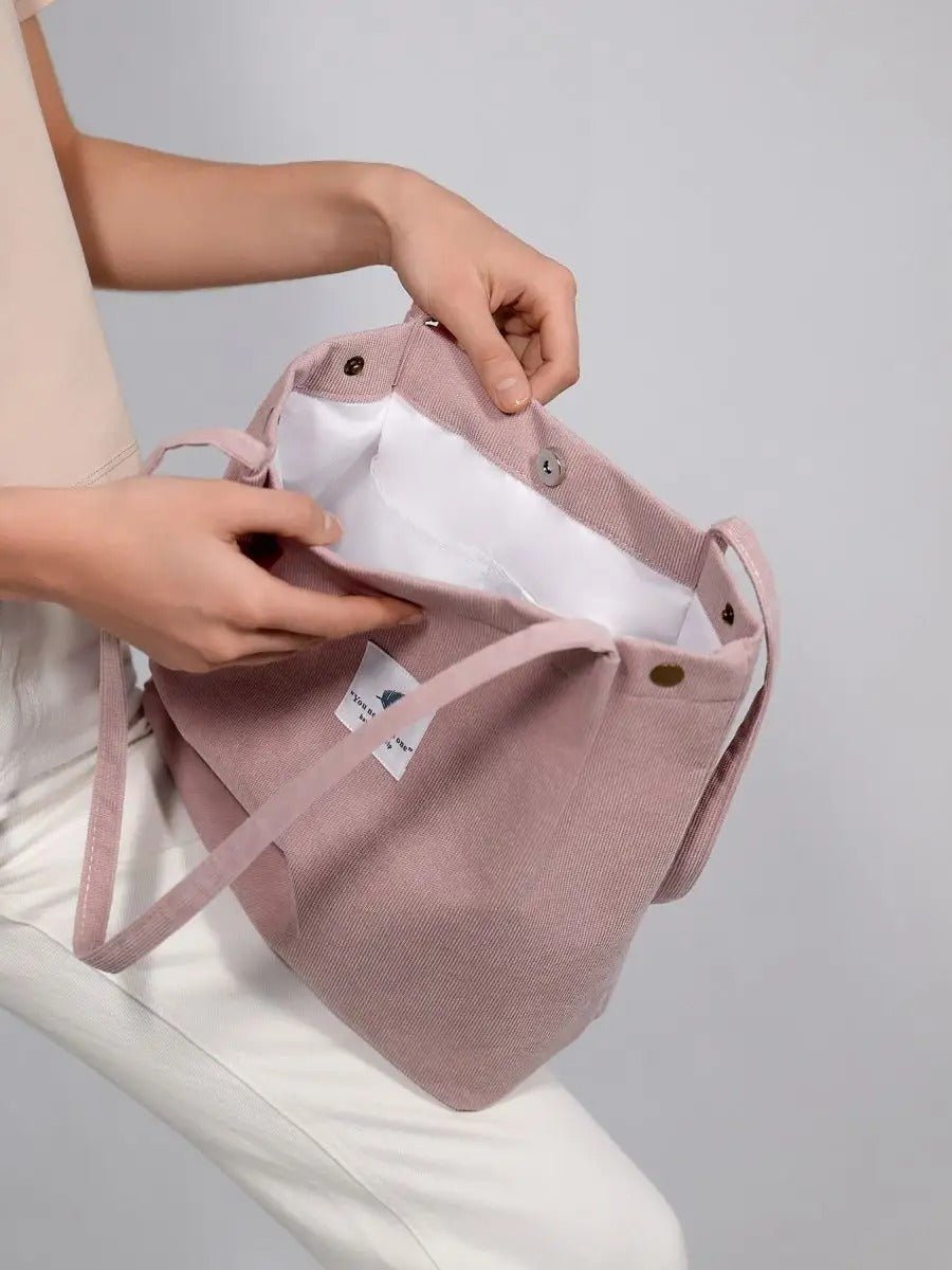 Tote - bag en velours côtelé, sac épaule femme, cabas léger, sac shopper A4, sac mode décontractée, modèle Leya - Tote - bag - Rose