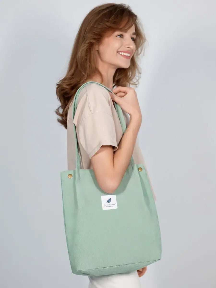 Tote - bag en velours côtelé, sac épaule femme, cabas léger, sac shopper A4, sac mode décontractée, modèle Leya - Tote - bag - Vert