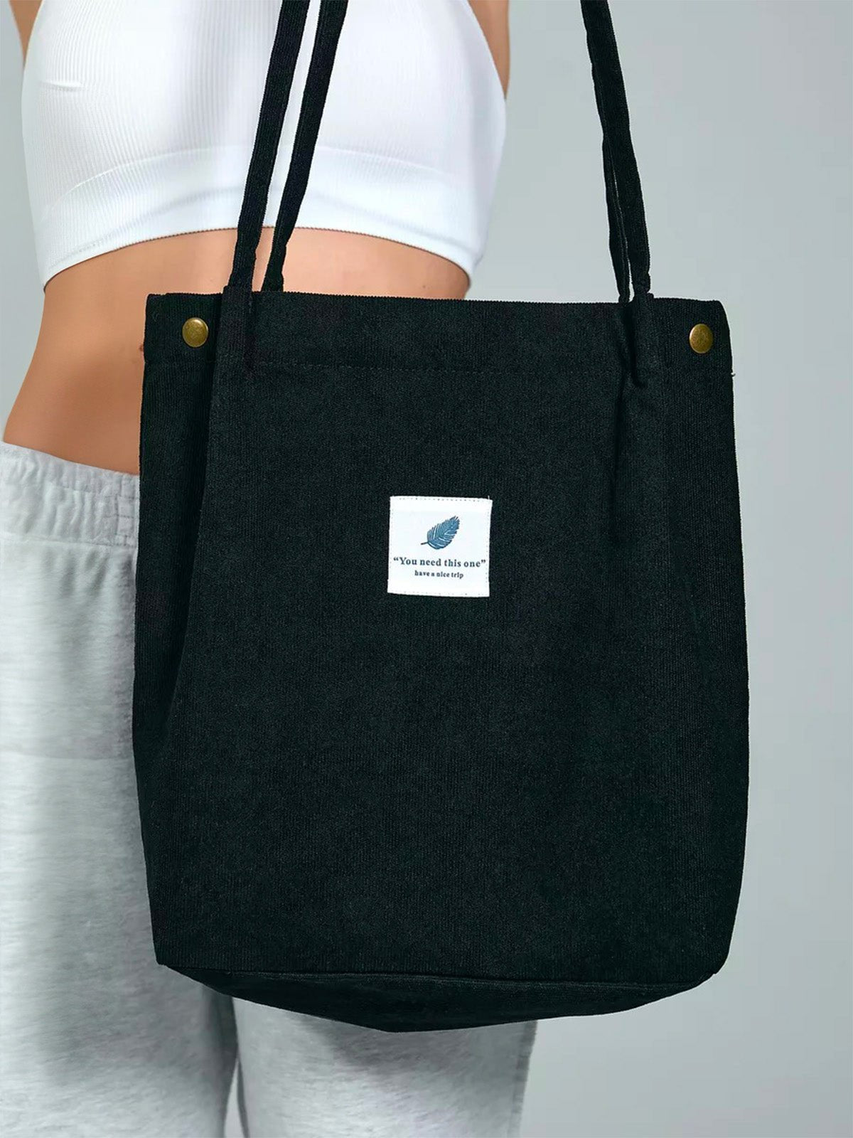 Tote - bag en velours côtelé, sac épaule femme, cabas léger, sac shopper A4, sac mode décontractée, modèle Leya - Tote - bag - Noir