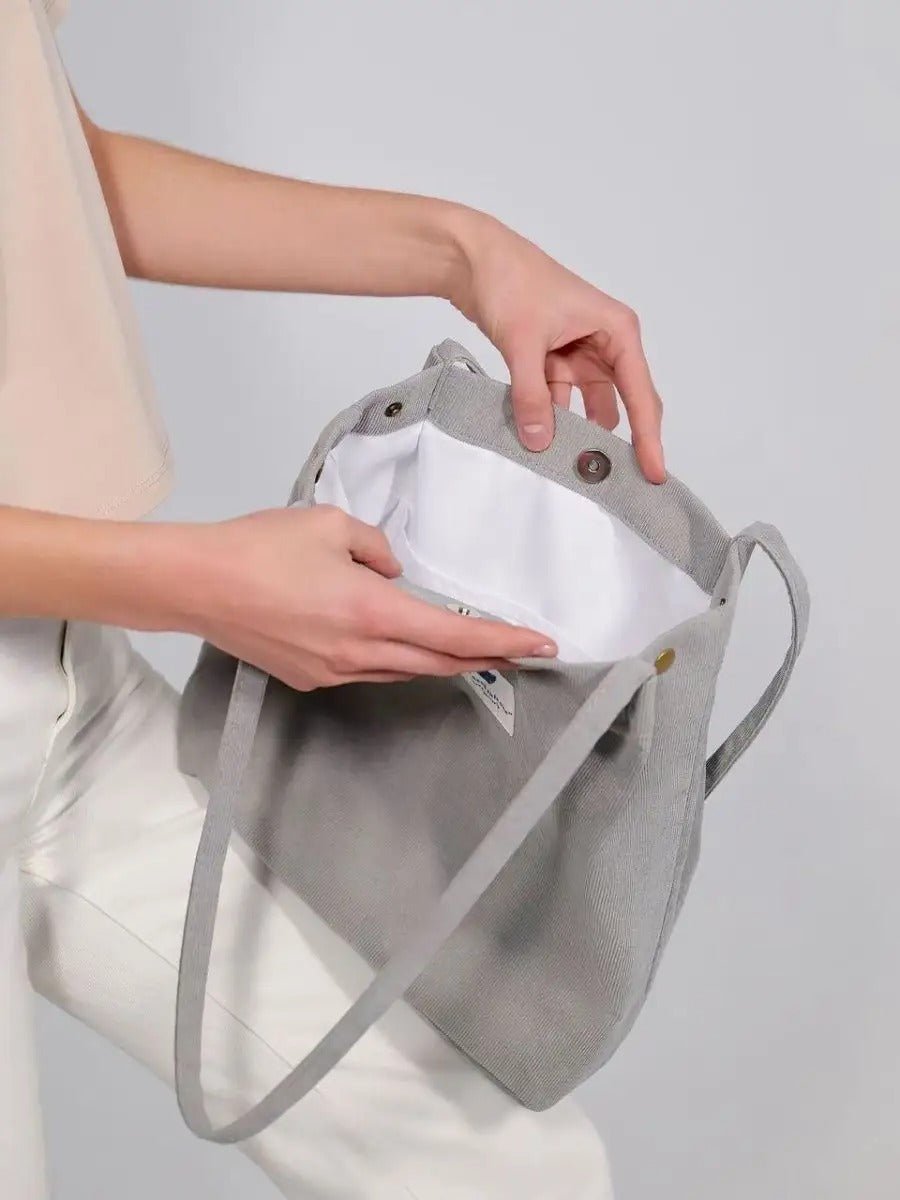 Tote - bag en velours côtelé, sac épaule femme, cabas léger, sac shopper A4, sac mode décontractée, modèle Leya - Tote - bag - Gris