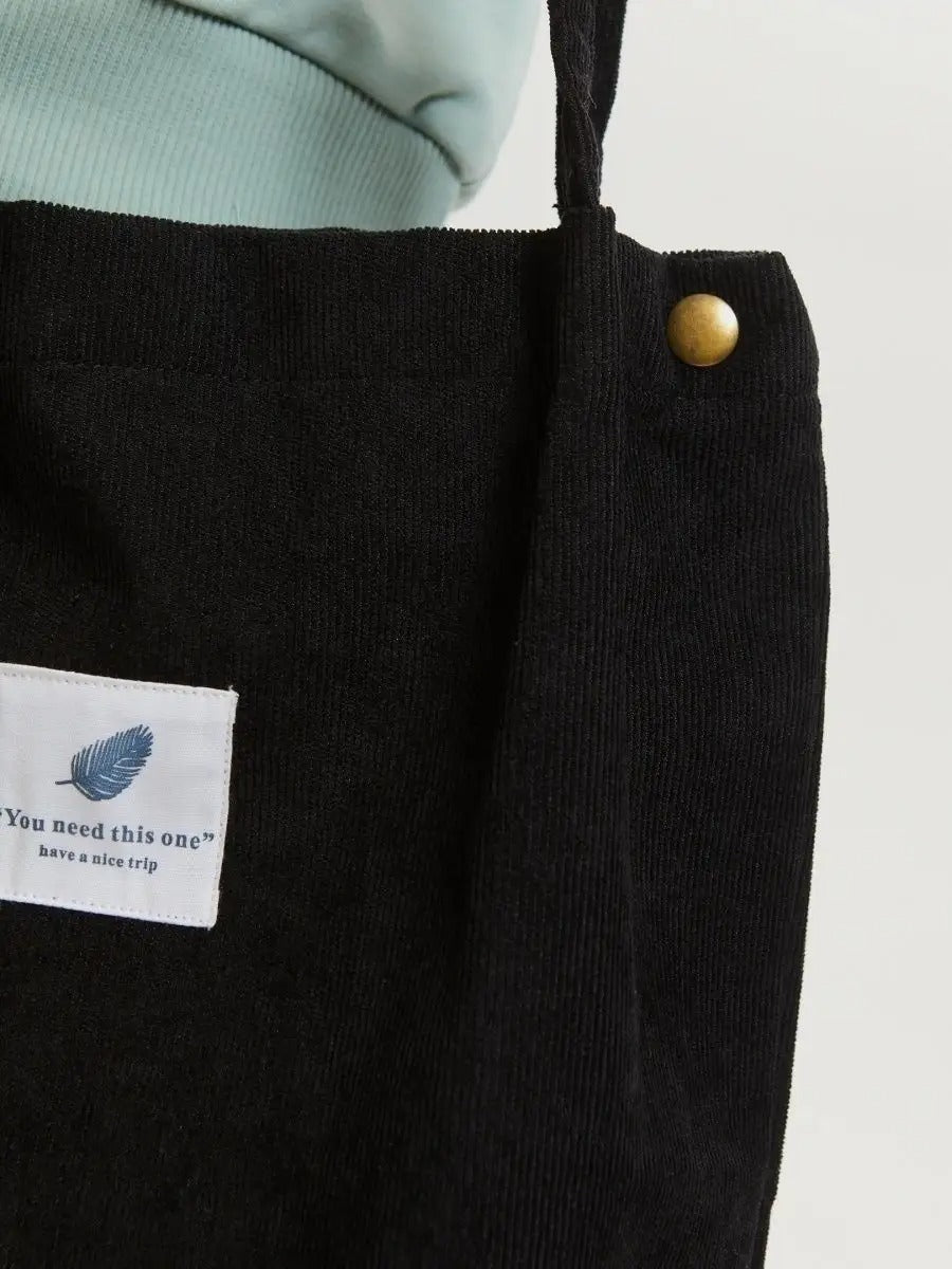 Tote - bag en velours côtelé, sac épaule femme, cabas léger, sac shopper A4, sac mode décontractée, modèle Leya - Tote - bag - Noir