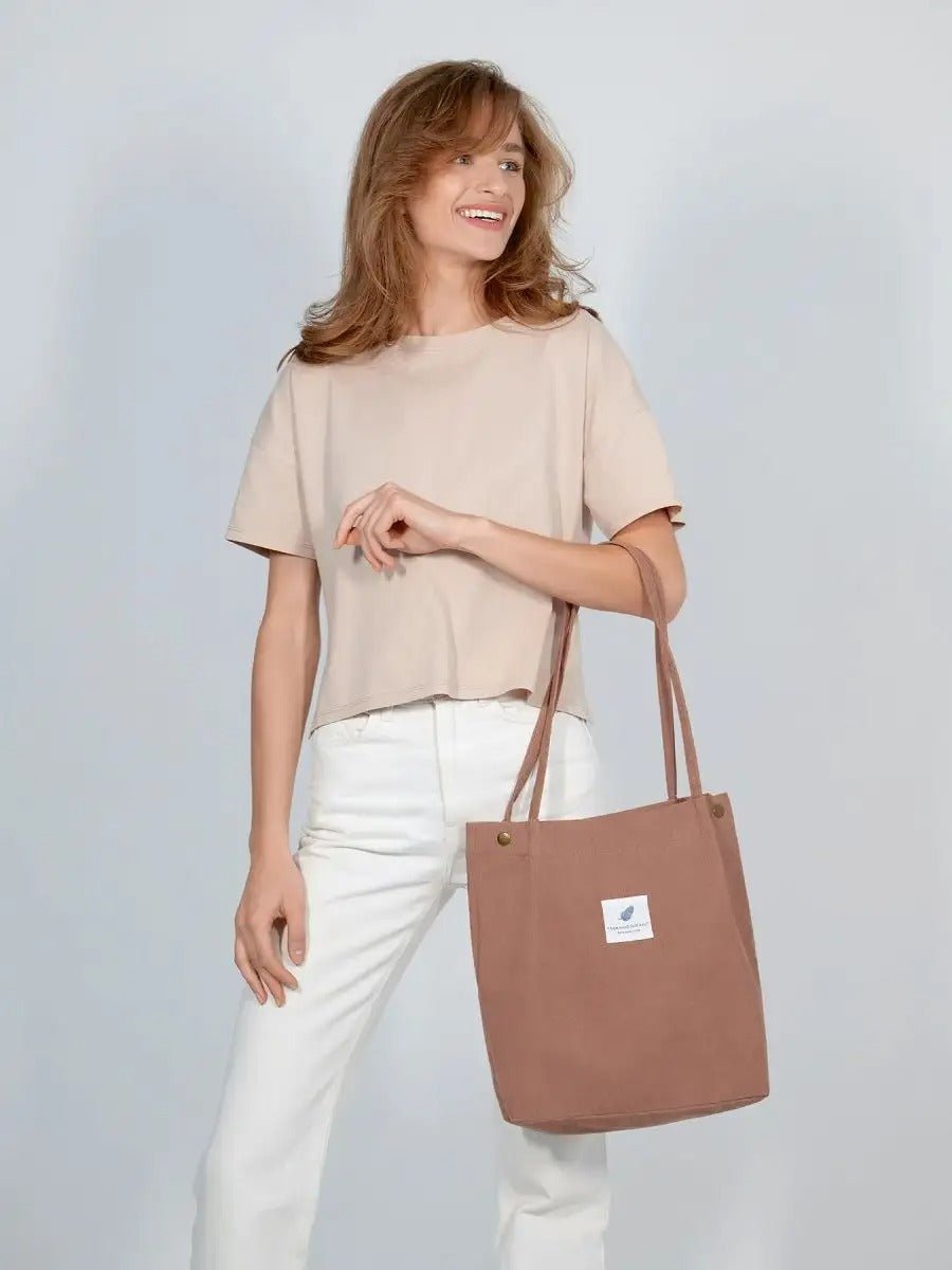 Tote - bag en velours côtelé, sac épaule femme, cabas léger, sac shopper A4, sac mode décontractée, modèle Leya - Tote - bag - Camel