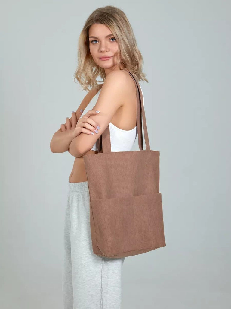 Tote - bag femme, sac shopping velours côtelé, sac fourre - tout grande capacité, sac épaule léger, sac quotidien moderne, modèle Aïcha - Tote - bag - Marron