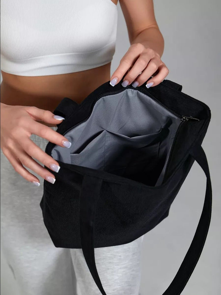 Tote - bag femme, sac shopping velours côtelé, sac fourre - tout grande capacité, sac épaule léger, sac quotidien moderne, modèle Aïcha - Tote - bag - Noir