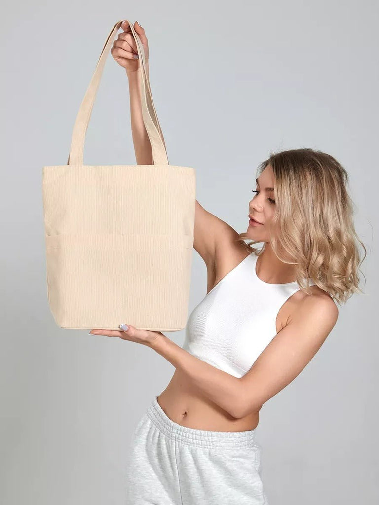 Tote - bag femme, sac shopping velours côtelé, sac fourre - tout grande capacité, sac épaule léger, sac quotidien moderne, modèle Aïcha - Tote - bag - Beige