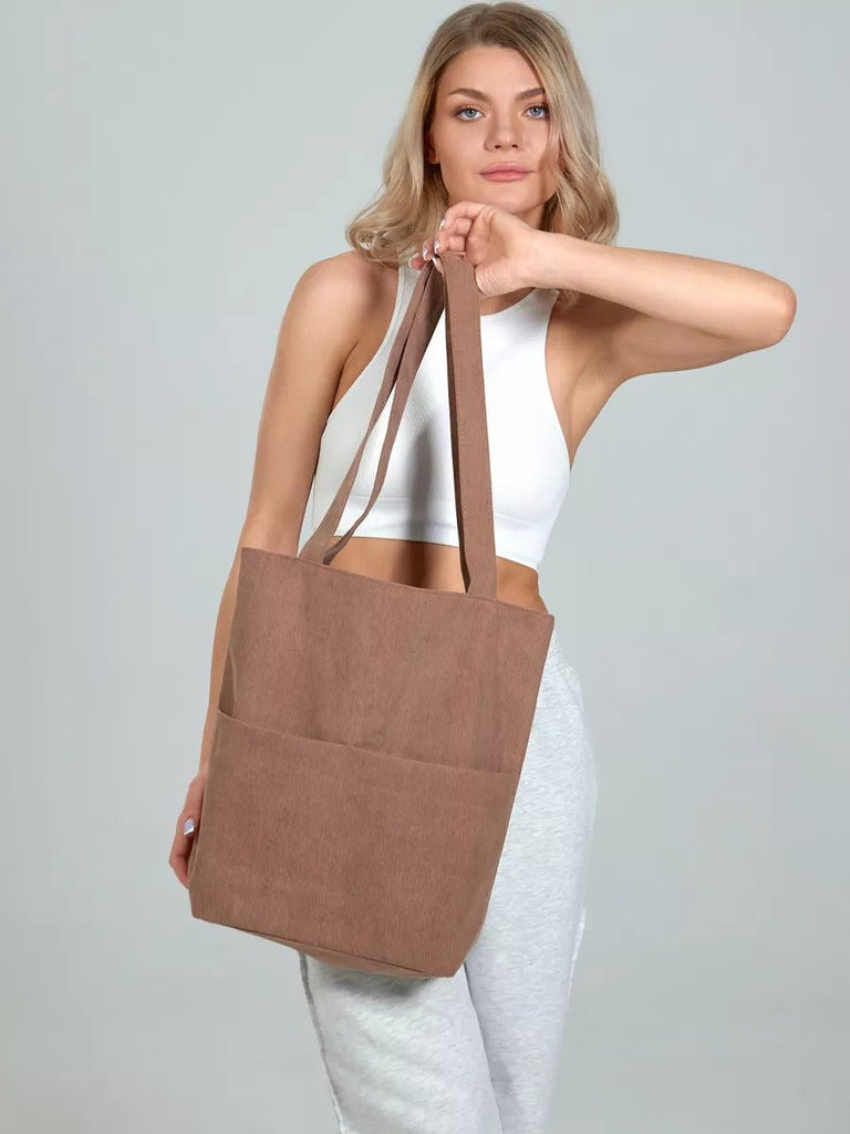Tote - bag femme, sac shopping velours côtelé, sac fourre - tout grande capacité, sac épaule léger, sac quotidien moderne, modèle Aïcha - Tote - bag - Marron