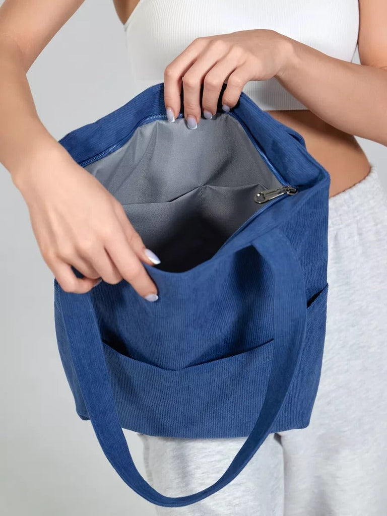 Tote - bag femme, sac shopping velours côtelé, sac fourre - tout grande capacité, sac épaule léger, sac quotidien moderne, modèle Aïcha - Tote - bag - Bleu foncé