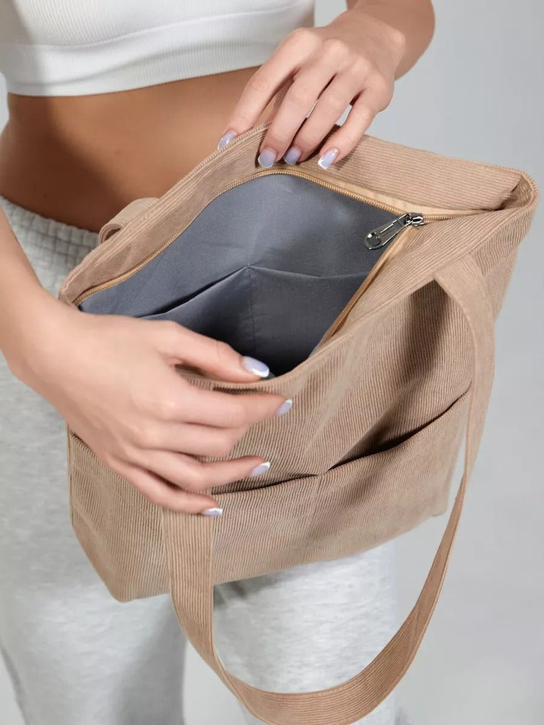 Tote - bag femme, sac shopping velours côtelé, sac fourre - tout grande capacité, sac épaule léger, sac quotidien moderne, modèle Aïcha - Tote - bag - Camel