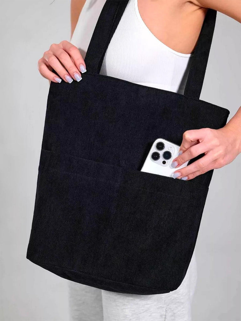 Tote - bag femme, sac shopping velours côtelé, sac fourre - tout grande capacité, sac épaule léger, sac quotidien moderne, modèle Aïcha - Tote - bag - Noir