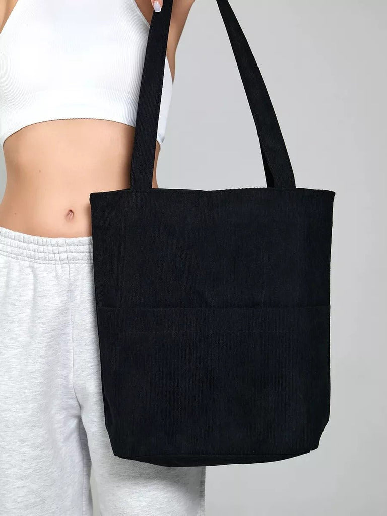 Tote - bag femme, sac shopping velours côtelé, sac fourre - tout grande capacité, sac épaule léger, sac quotidien moderne, modèle Aïcha - Tote - bag - Noir