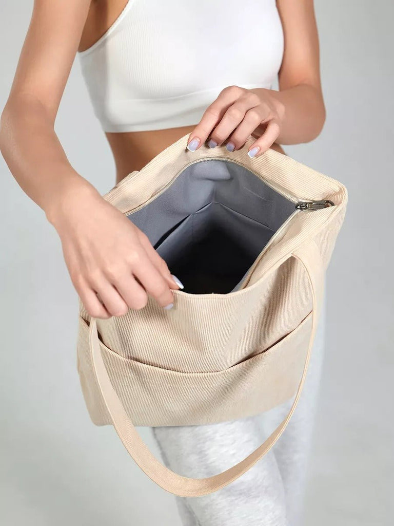 Tote - bag femme, sac shopping velours côtelé, sac fourre - tout grande capacité, sac épaule léger, sac quotidien moderne, modèle Aïcha - Tote - bag - Beige