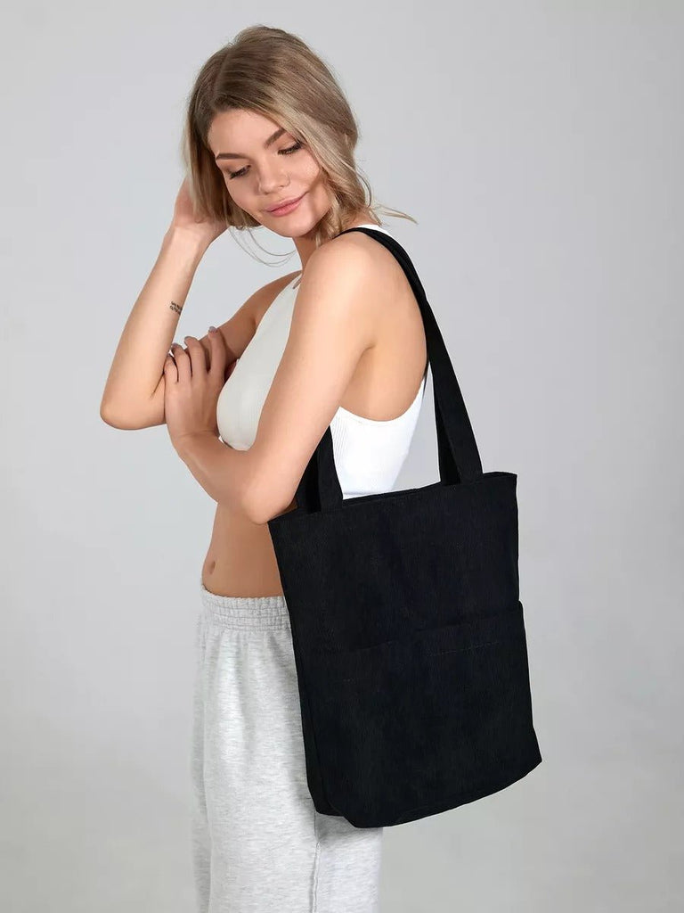 Tote - bag femme, sac shopping velours côtelé, sac fourre - tout grande capacité, sac épaule léger, sac quotidien moderne, modèle Aïcha - Tote - bag - Noir
