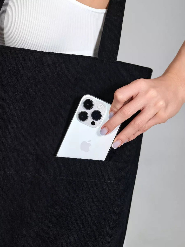 Tote - bag femme, sac shopping velours côtelé, sac fourre - tout grande capacité, sac épaule léger, sac quotidien moderne, modèle Aïcha - Tote - bag - Noir