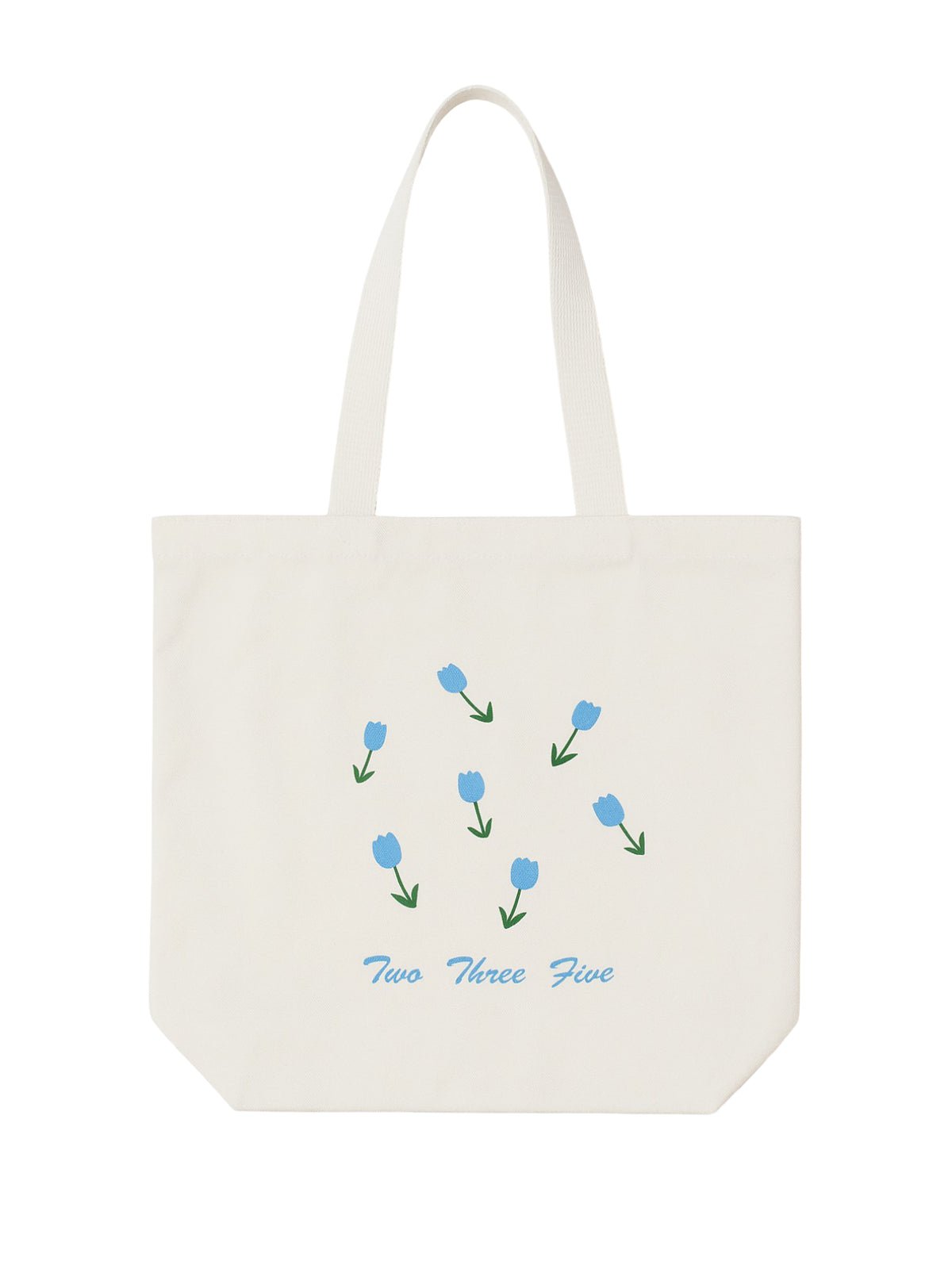 Tote - bag toile blanche, imprimé tulipes bleues, cabas femme, sac shopping, sac livre, sac de cours, sac épaule, modèle Rosalia - Sac à main - Blanc