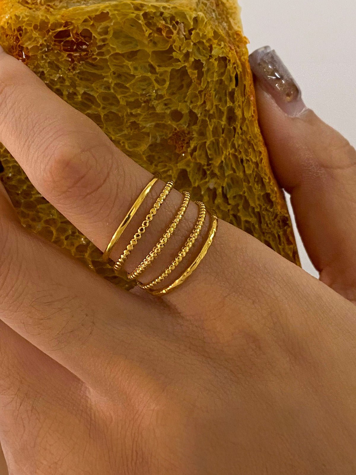 Trio de bagues fleur dorée, bague ouverte réglable, bague acier inoxydable, bague superposition, bijou doré femme, modèle Eva - Bague - Or