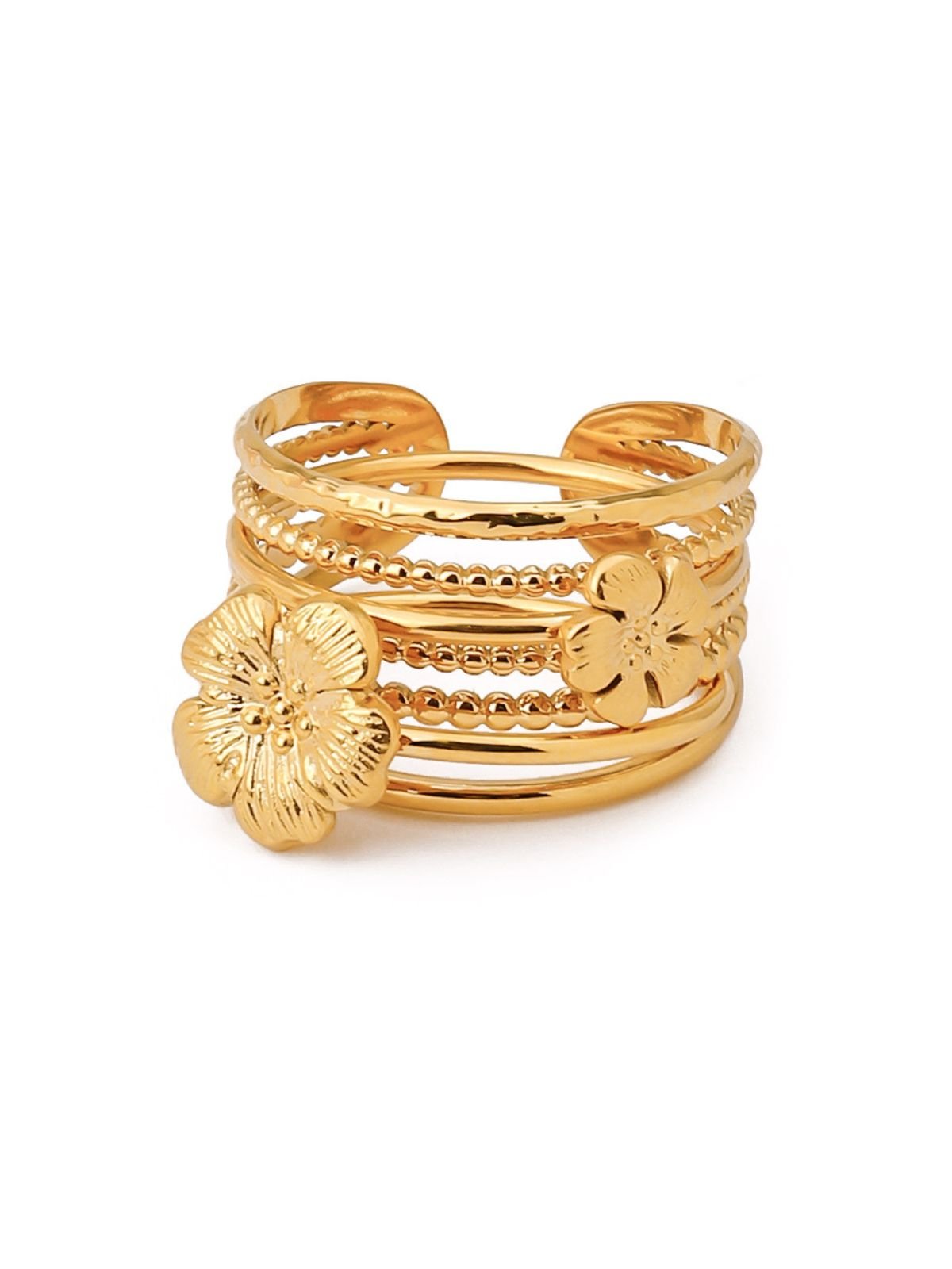 Trio de bagues fleur dorée, bague ouverte réglable, bague acier inoxydable, bague superposition, bijou doré femme, modèle Eva - Bague - Or