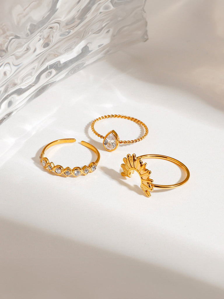 Trio de bagues soleil, bague goutte zircon, bague fine torsadée, bague sertie, dorée en acier inoxydable, modèle Alana - Bague - Or