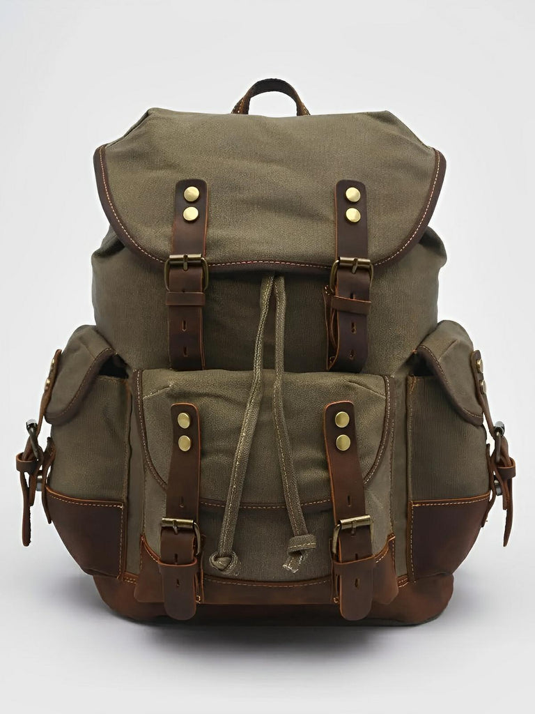 Waxed canvas and genuine leather backpack, waterproof and spacious, Beltran model