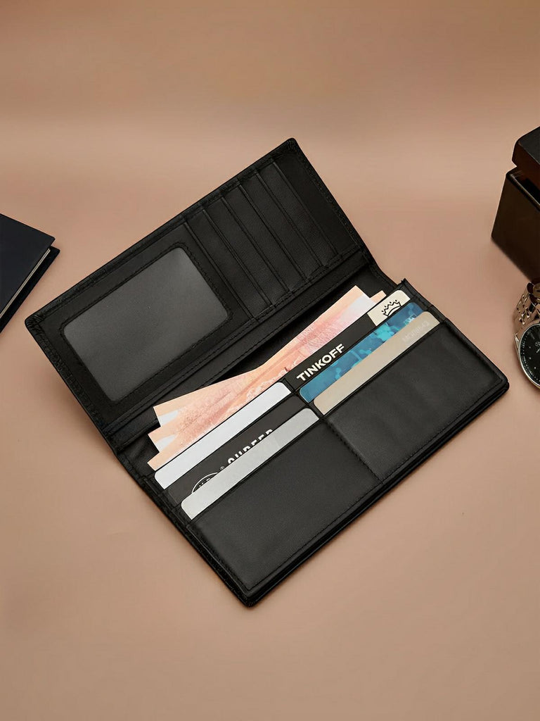 Portefeuille long cuir homme, texture crocodile, grande capacité, compartiments cartes et billets, modèle Sobek