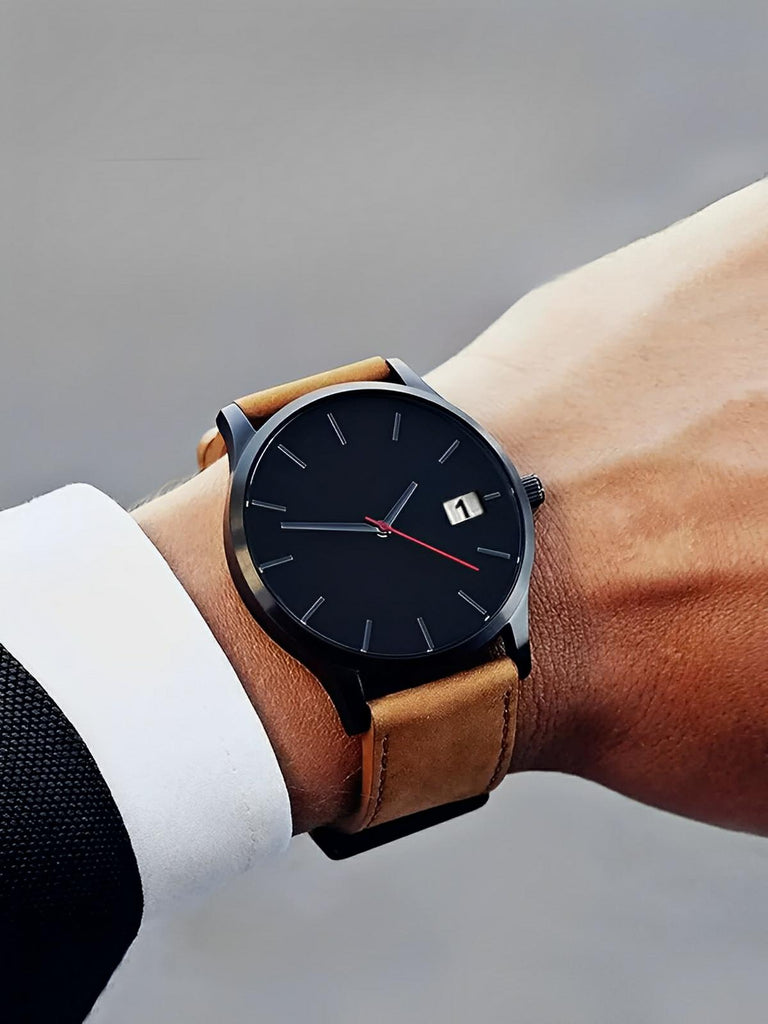 Montre homme quartz, cadran minimaliste, en simili vegan, avec affichage de date, modèle Kayl