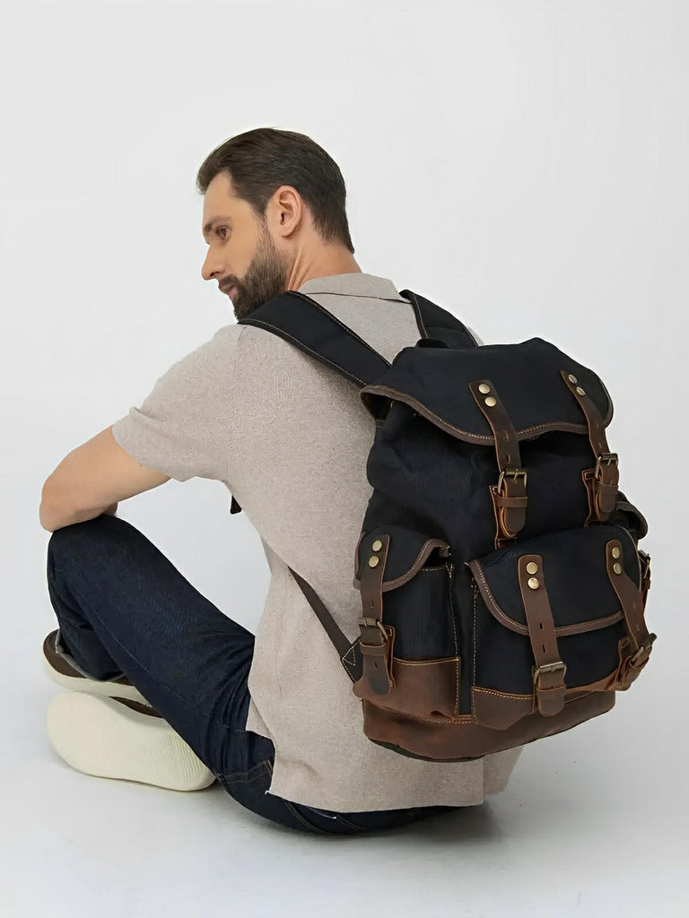 Waxed canvas and genuine leather backpack, waterproof and spacious, Beltran model