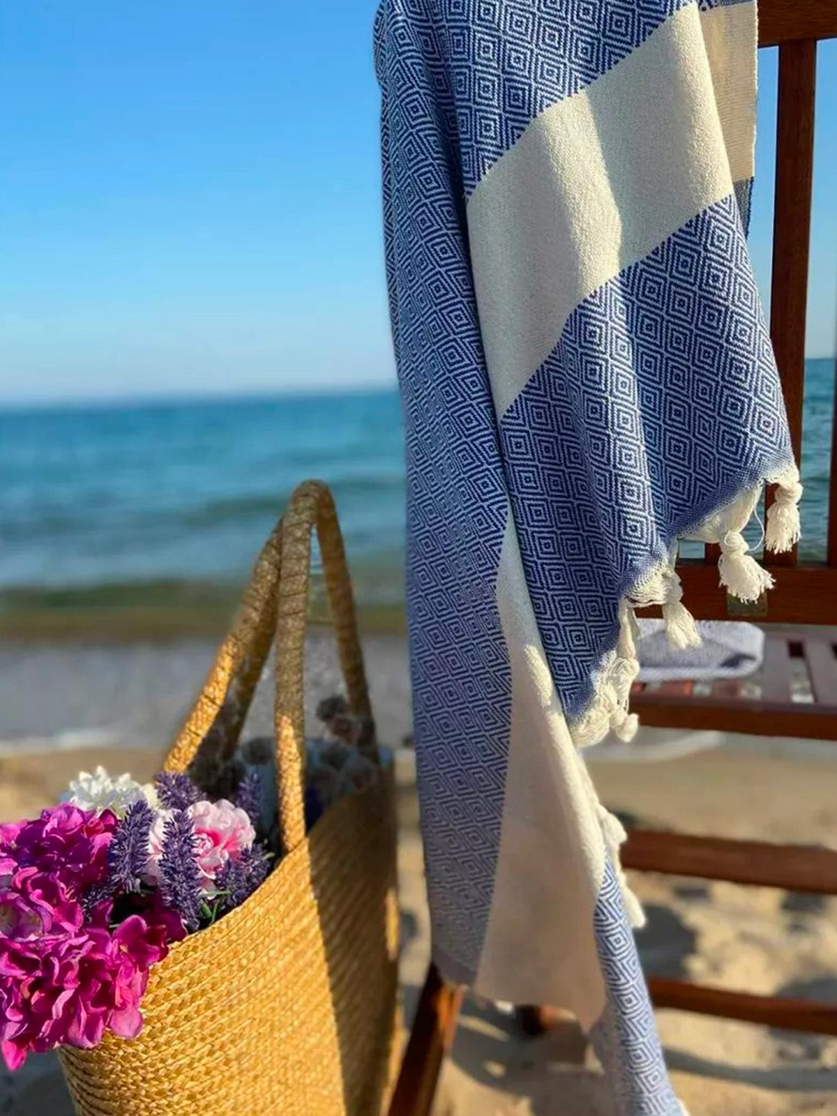 Hamam strandhanddoek van katoen, groot formaat, lichtgewicht, sneldrogend, ruitmotief, gevlochten franjes, model Ténor