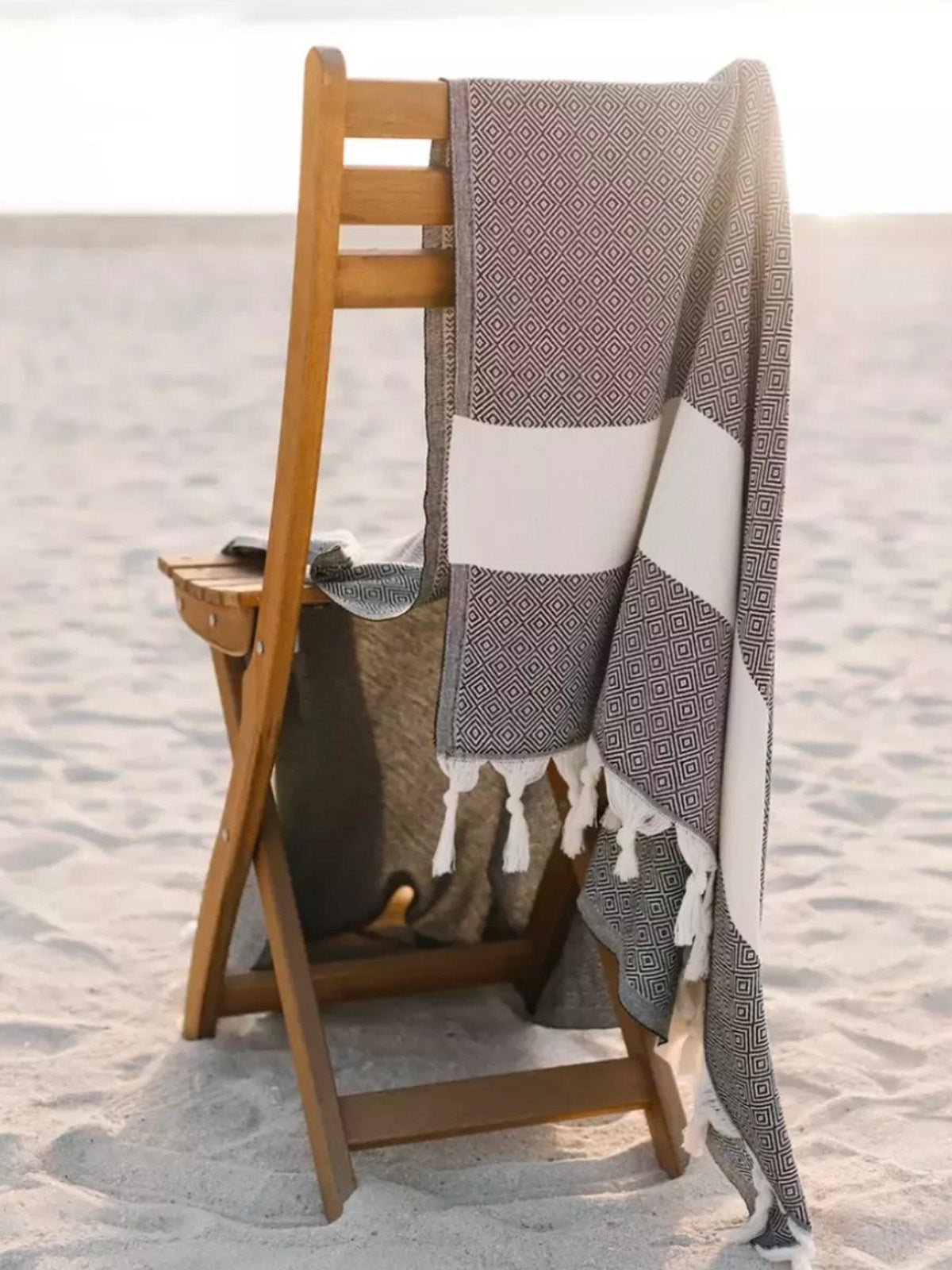 Hamam strandhanddoek van katoen, groot formaat, lichtgewicht, sneldrogend, ruitmotief, gevlochten franjes, model Ténor