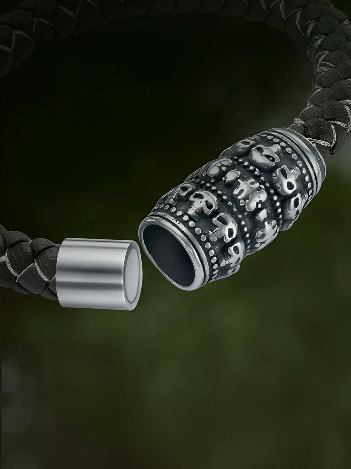 Bracelet homme en cuir noir et acier inoxydable, motif crâne, style biker, accessoire tendance, modèle Timoléon