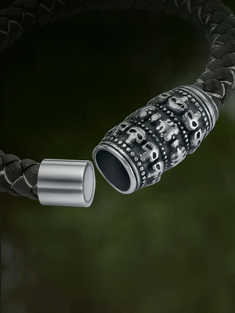 Bracelet homme en cuir noir et acier inoxydable, motif crâne, style biker, accessoire tendance, modèle Timoléon