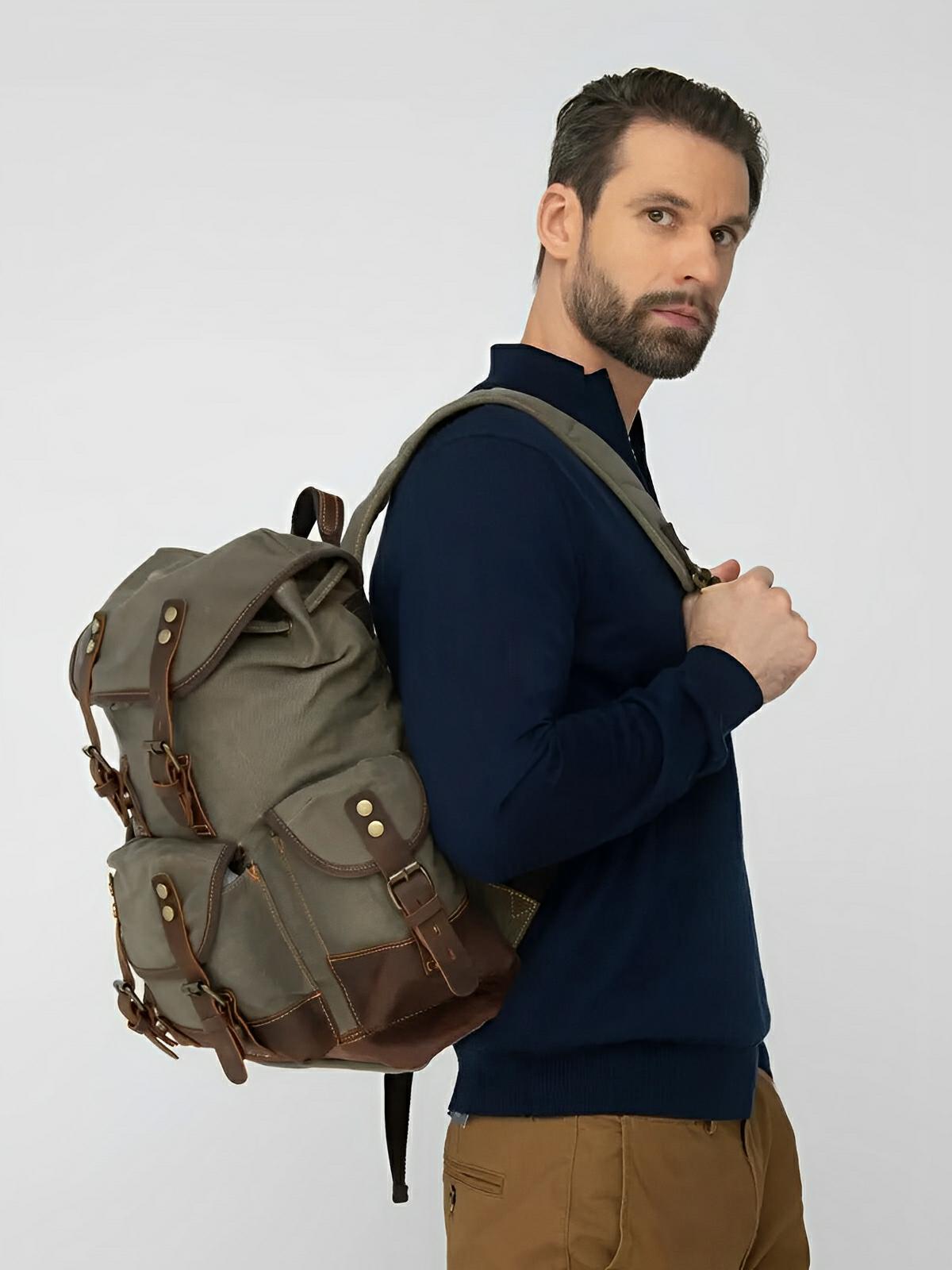 Waxed canvas and genuine leather backpack, waterproof and spacious, Beltran model