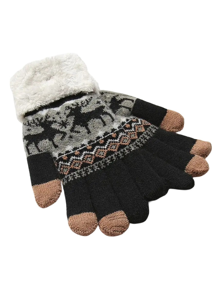 Women's winter gloves, warm and touchscreen gloves, knitted lined, with reindeer patterns, cozy winter, Emma model