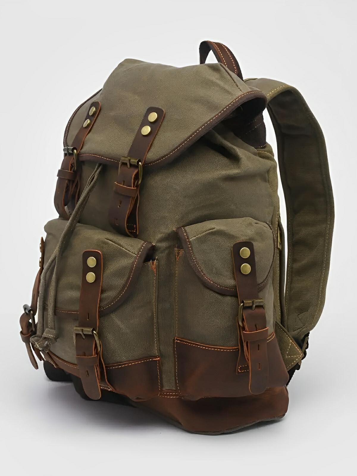 Waxed canvas and genuine leather backpack, waterproof and spacious, Beltran model