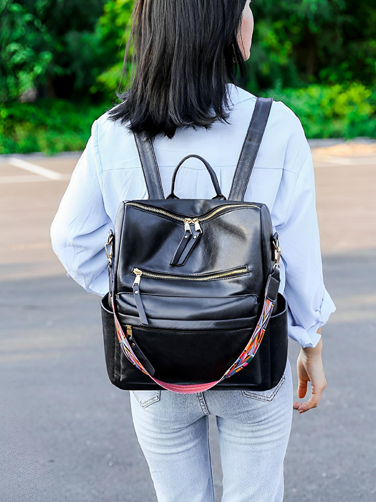 Women's large capacity backpack, soft vegan leather, multi-pocket, style, model Val
