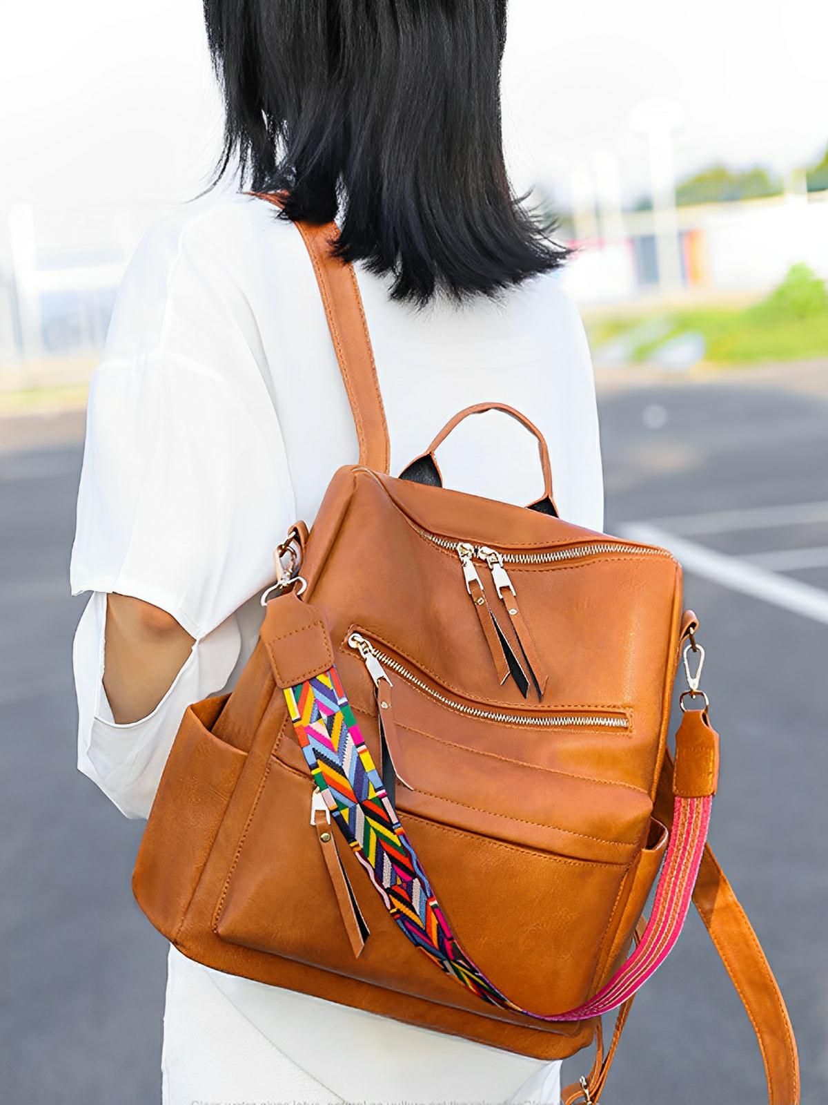 Women's large capacity backpack, soft vegan leather, multi-pocket, style, model Val