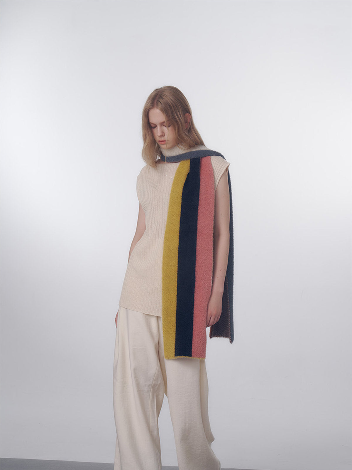 Long striped multicolor scarf, soft fluffy wool, warm and light, fine knit winter, colorful fashion accessories, Nadum model