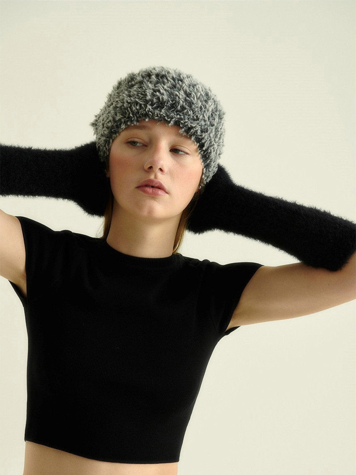 Gant long hiver femme, fausse fourrure doux, gant sans doigts peluche, gant violet crème noir, gant mode hiver chaud, modèle Likta
