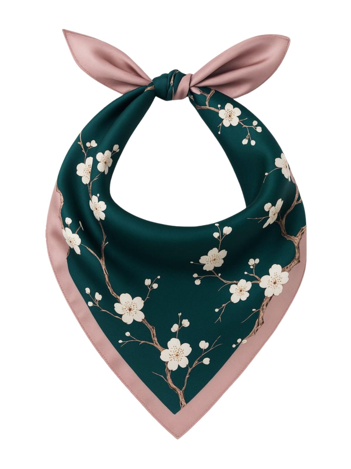 Foulard carré femme en aspect soie, imprimé fleurs de cerisier, bords roses, vert intense, accessoire cheveux, foulard cou, foulard sac, tissu fluide doux, foulard 90x90, modèle Zatiah