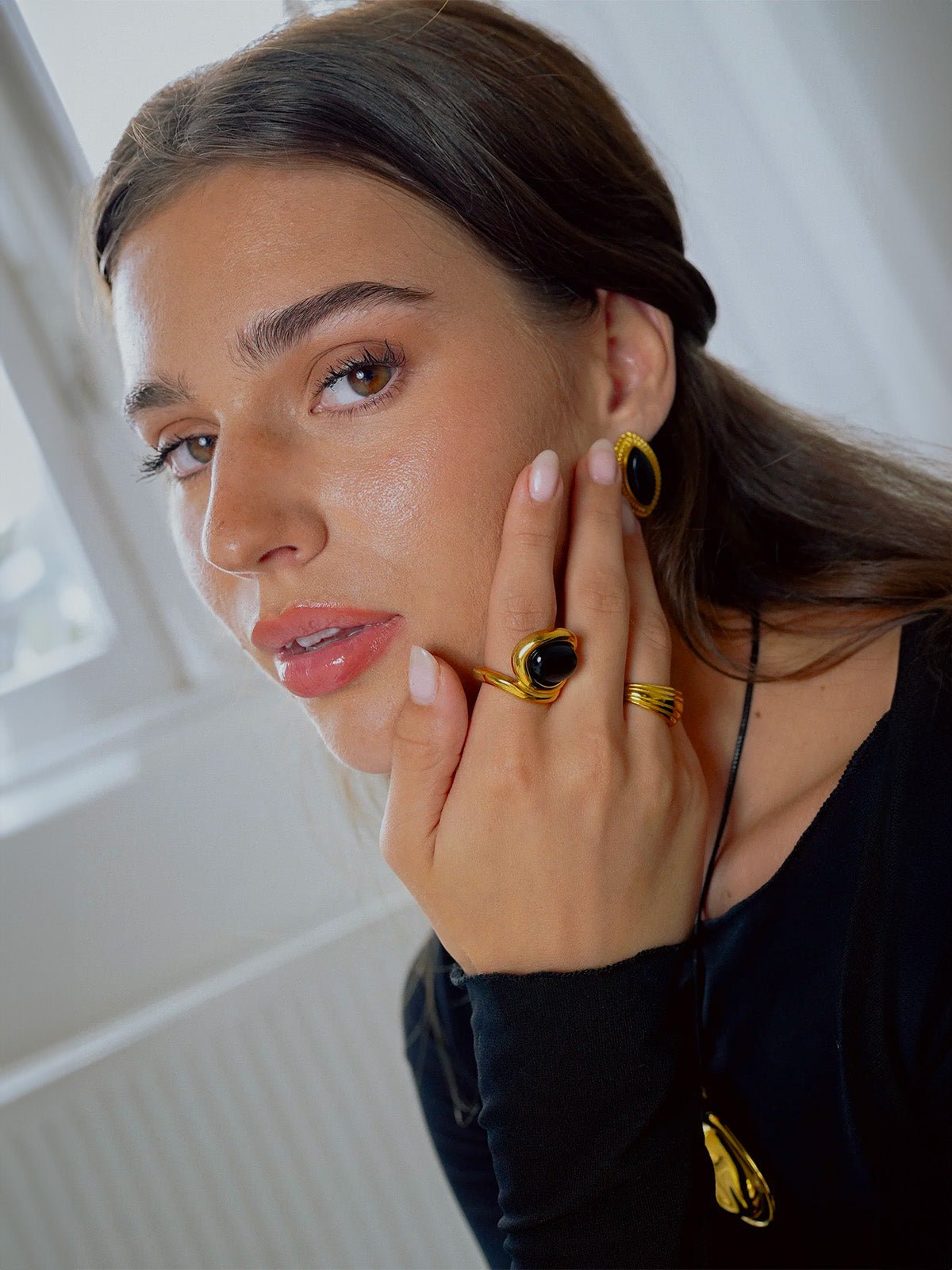Bague noire ovale en acier inoxydable, bague géométrique acier, pierre noire, bague noire argentée, vintage, modèle Satine - Bague - Or XS