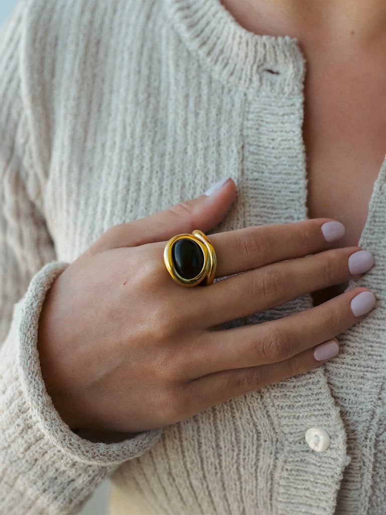 Bague noire ovale en acier inoxydable, bague géométrique acier, pierre noire, bague noire argentée, vintage, modèle Satine - Bague - Or XS
