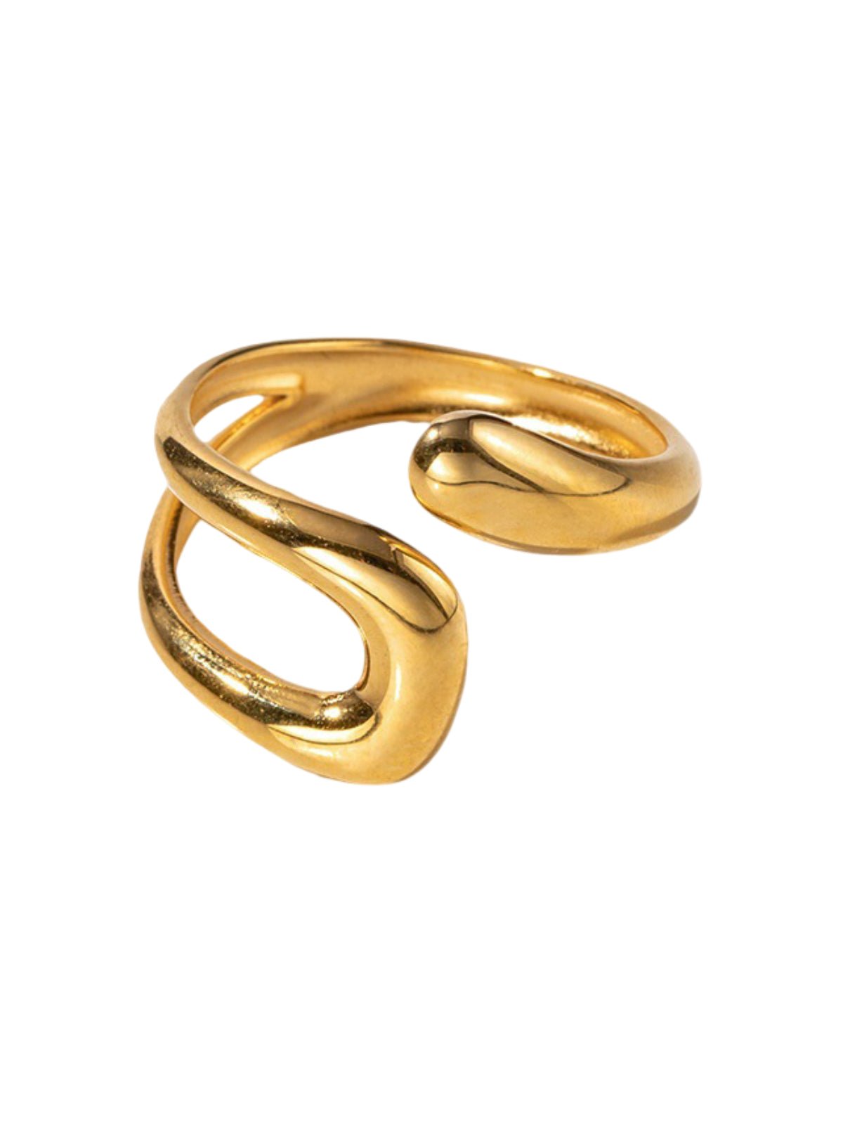 Bague ouverte dorée, forme fluide, acier inoxydable, design géométrique, finition brillante, modèle Isolde - Bague - Or