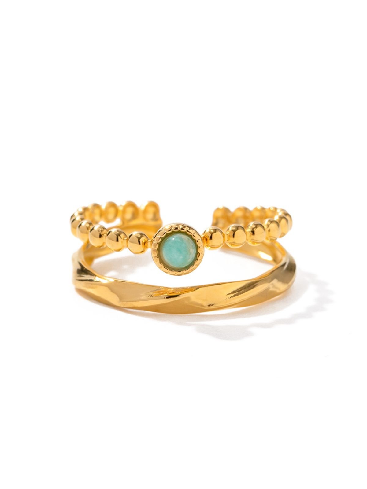 Bague ouverte dorée, pierre verte naturelle, design double anneau, style vintage, acier inoxydable, modèle Dania - Bague - Or