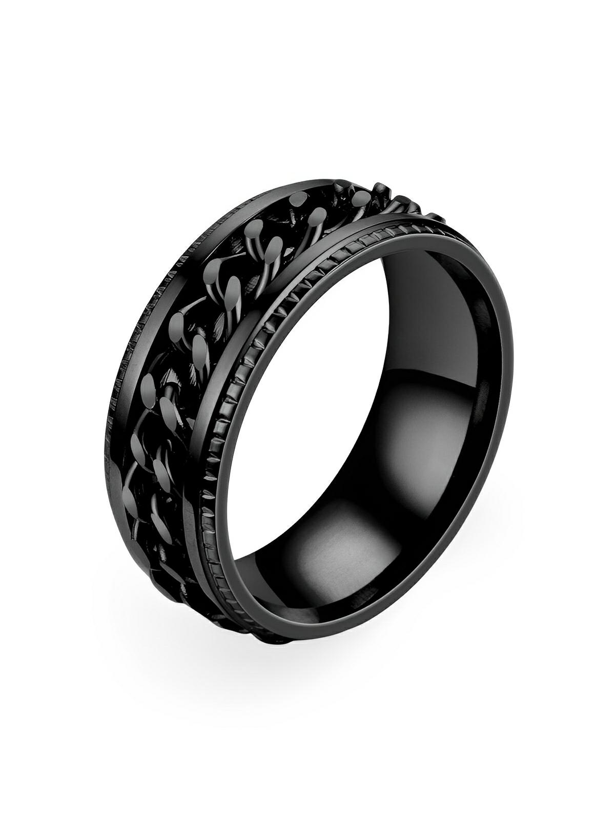 Bague pour homme, à chaîne rotative, en acier inoxydable, anti - stress, style moderne, modèle Kiro - Bague - Noir XXS