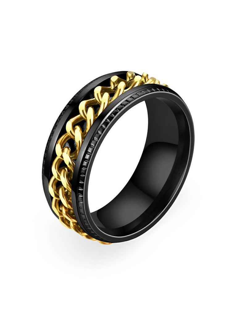 Bague pour homme, à chaîne rotative, en acier inoxydable, anti - stress, style moderne, modèle Kiro - Bague - Noir et or XXS