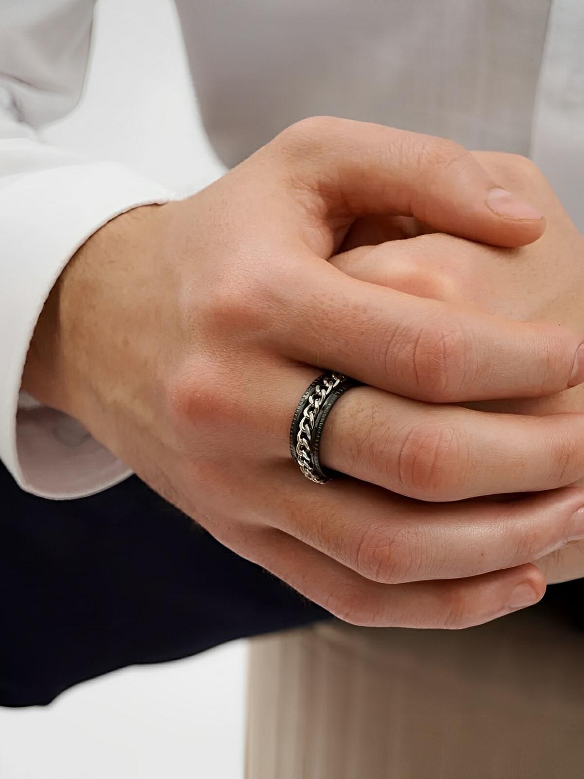 Bague pour homme, à chaîne rotative, en acier inoxydable, anti - stress, style moderne, modèle Kiro - Bague - Noir et argent XXS